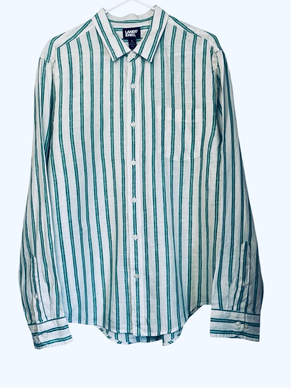 Lands End 100% Linen Green & White Striped Shirt, Size Large (42-44)
